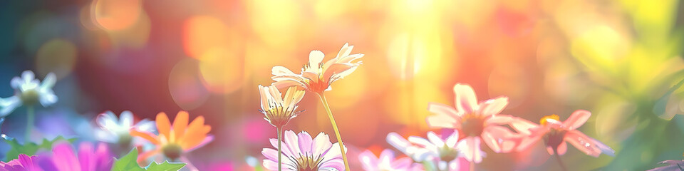 banner flowers in the meadow with bokeh in background at sundown