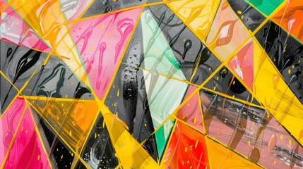 A vibrant collage of geometric patterns painted in a variety of colors. each patterned section is separated by yellow lines and adorned with water droplets, capturing the essence of rain on a canvas.
