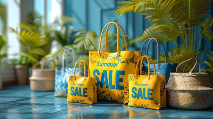 Shopping bags with "Summer SALE" printed on yellow banner background