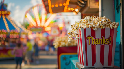 A bustling carnival scene with a colorful concession stand selling popcorn adorned with cheerful Thanks! signage captures the essence of summertime joy
