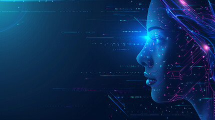 Big data and artificial intelligence concept. Machine learning and cyber mind domination concept in form of women face outline outline with circuit board and binary data flow on blue background. - obrazy, fototapety, plakaty