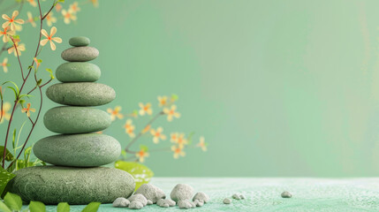 Calming and aesthetically pleasing arrangement of zen stones with delicate flowers on a green hue