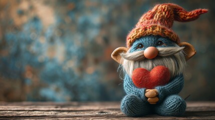 a knitted gnome figurine with a heart on it's chest and a hat on his head.