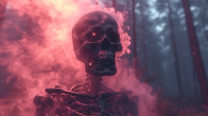 a skeleton standing in the middle of a forest with smoke coming out of its mouth and holding a cigarette in his hand. - obrazy, fototapety, plakaty