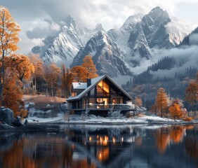 Fototapeta premium A lonely house in the mountains with snow 