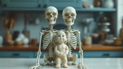 a couple of skeleton figurines sitting next to each other on top of a counter top in a kitchen.
