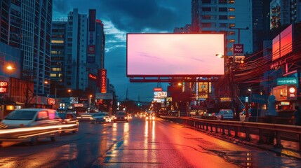 A blank billboard on one streets, a blank billboard with copy space for text or content, mockup of a blank billboard in a big city, evening scene.