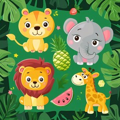 a group of animals in a green square