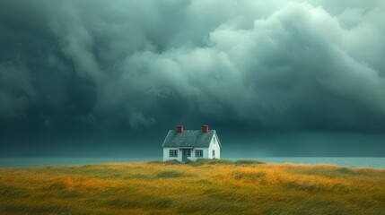 a white house sitting on top of a lush green field under a cloudy sky with a red chimney on top of it. - obrazy, fototapety, plakaty