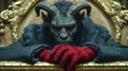 Obraz premium a close up of a demon sitting on a chair with a red glove on the arm of it's hand.