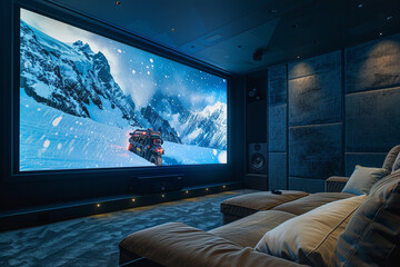 A home theater with AI-curated movie recommendations and immersive surround sound, providing a cinematic experience from the comfort of home.