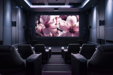 A home theater with AI-driven immersive sound system, simulating surround sound without the need for multiple speakers.