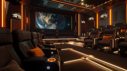 A home theater with AI-powered seating arrangements and immersive audiovisual experiences for cinematic enjoyment. - obrazy, fototapety, plakaty
