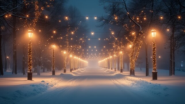 a street lined with trees covered in snow at night with lights on the poles and street lamps on either side of the road.