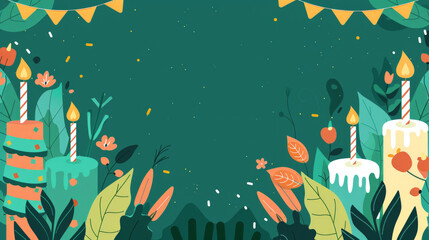 A festive digital illustration showcasing party cakes surrounded by greenery, invoking themes of celebration, joy, and togetherness