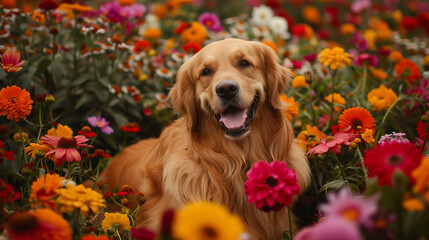 A golden retriever frolicking amidst a sea of vibrant flowers in its owner's garden