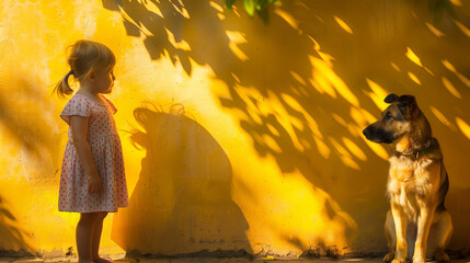 A soft-focus photo capturing the innocence of a little girl gazing at a dog beside a sunlit yellow wall