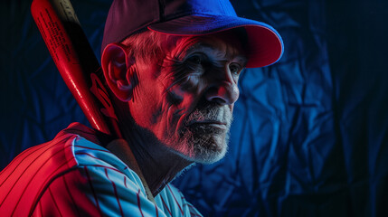 The spirit of baseball is personified in a veteran player donning the iconic blue and red team colors, posing with the wisdom and pride earned through ten years of dedication - obrazy, fototapety, plakaty