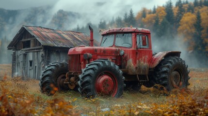 a red tractor parked in a field next to a small wooden building with a rusted tin roof and trees in the background.