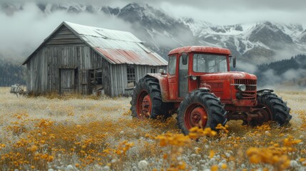 a red tractor parked in front of a barn in a field of wildflowers with mountains in the background.
