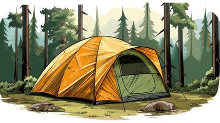 A tent located during the day in the heart of a dense forest.