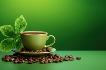Green Coffee cup with coffee beans on green background