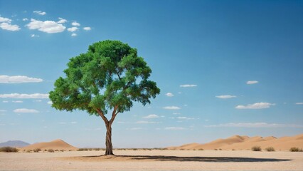 A lone green tree symbolising nature retreat and the looming threat of desertification, against the backdrop of a vast, clear blue sky