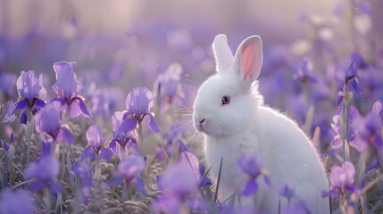 Elegant White Rabbit Amidst Iris Field in Documentary Magazine Photography