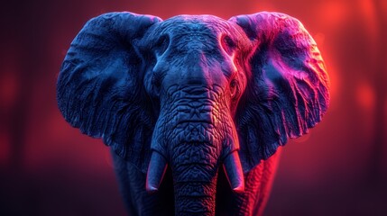 a close up of an elephant's face with a red and blue light shining on it's face.
