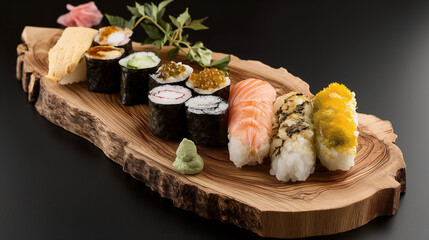 Variety of Sushi on Wooden Platter
