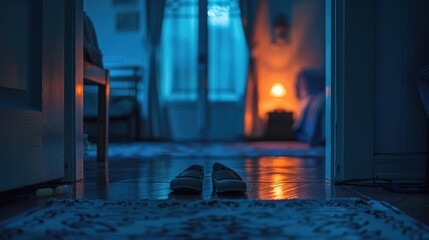 A pair of comfortable shoes on the threshold of the room, the soft light of the night lamp creates a warm and cozy atmosphere.