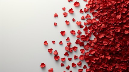 a bunch of red hearts floating in the air on a white and red background with space for text on the left side of the image.