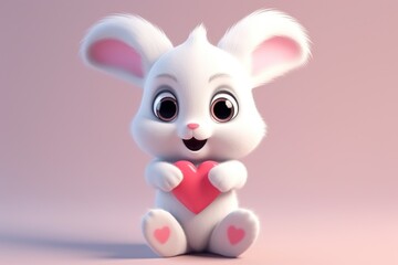Adorable rabbit sits with a heart, making a lovely statement for Valentine's Day on a sweet pink backdrop.