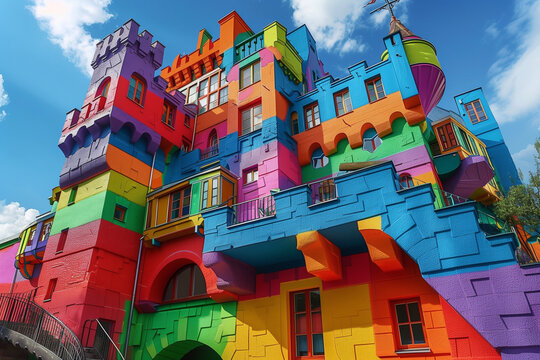 A colorful building with many windows and a green hill in the background. The building is very colorful and has a unique design