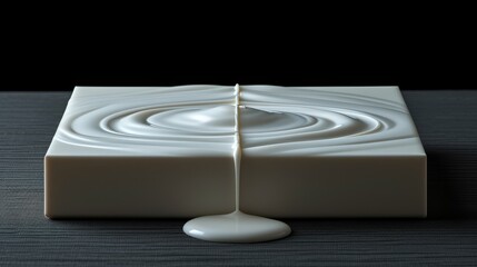a close up of a square object on a table with a liquid drop in the middle of the image and a black background.