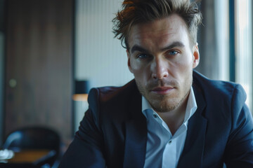 A man in a suit and white shirt looks at the camera