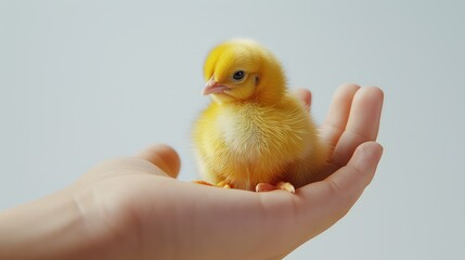 Tiny defenceless yellow chicken on human palm isolated on the white background