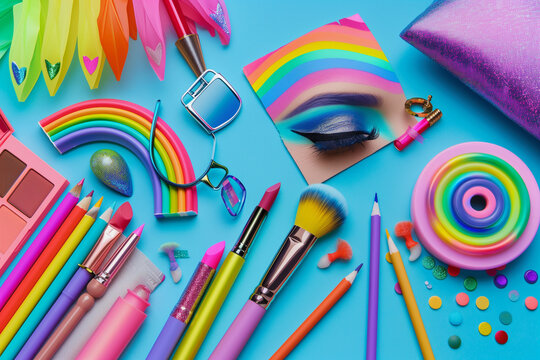 A colorful assortment of items including makeup, sunglasses, and other accessories. The image conveys a fun and playful mood, as the items are arranged in a rainbow pattern