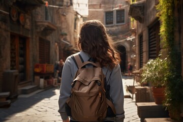 Fototapeta premium Elegant young traveler with long hair, backpacked, explores narrow city streets, view from the back.