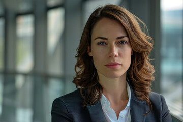 Fototapeta premium A woman in a suit looks at the camera with a serious look on her face