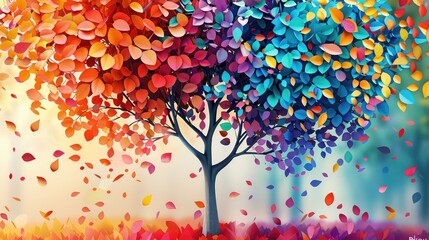 Colorful tree with leaves on hanging branches illustration background. 3d abstraction wallpaper . Floral tree with multicolor leaves - Powered by Adobe