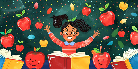 A chalkboard with a picture of a smiling teacher surrounded by apples, books and happy students.