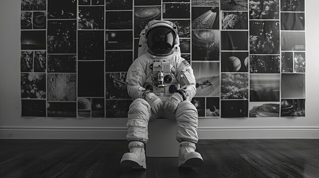 vintage astronaut suit displayed in front of a wall filled with black and white photos of space missions, celebrating the history and evolution of space exploration in honor of National Astronaut Day