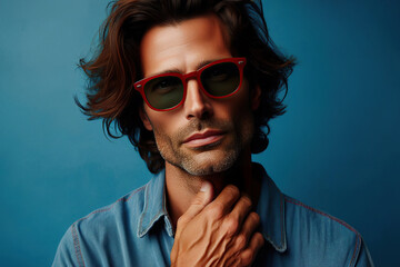 Obraz premium Mature men beauty, eyewear concept. Portrait of an active 40-year-old man standing on blue background. Close up. Rocker, biker style. Sunglasses with red frame. Studio shot
