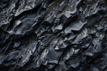 A dark, volcanic rock texture, with porous surfaces and sharp, jagged edges, the deep blacks and greys telling the fiery origin story of this igneous rock. 32k, full ultra HD, high resolution - obrazy, fototapety, plakaty