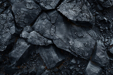 A dark, volcanic rock texture, with porous surfaces and sharp, jagged edges, the deep blacks and greys telling the fiery origin story of this igneous rock. 32k, full ultra HD, high resolution - obrazy, fototapety, plakaty