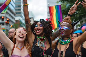 Three women are smiling and holding up rainbow flags. They are dressed in colorful clothing and appear to be celebrating something
