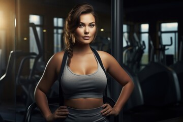Fototapeta na wymiar Portrait of a body positive attractive woman in sportswear standing confidently in a fitness club against the background of exercise equipment, personifying fitness, wellness and body positivity.