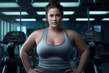 Fototapeta premium Body positive female athlete in gray sportswear takes a break to pose in a fitness club, emphasizing strength, endurance and body positivity among the exercise equipment.
