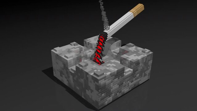 Cigarette burning on an ashtray on a dark surface in pixel style